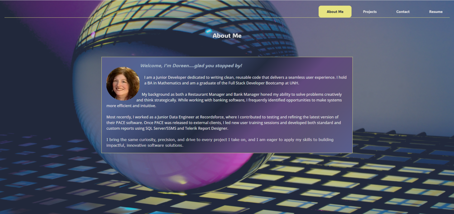 about me page of portfolio with headshot and cool purple, blue, yellow background